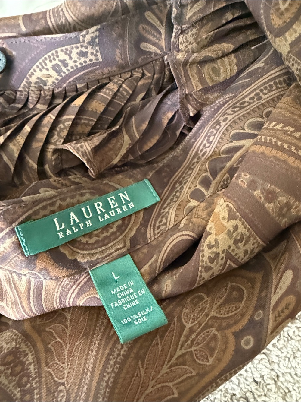 Ralph Lauren 100% silk Ruffled Paisley Long-Sleeve Blouse - Brown size large - Picture 9 of 11